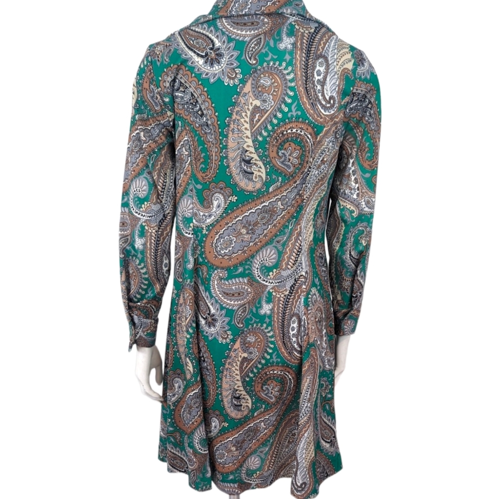 Vintage 70s 60s Paisley Shirt Dress Womens Large Polyester Green Shift - Picture 6 of 13